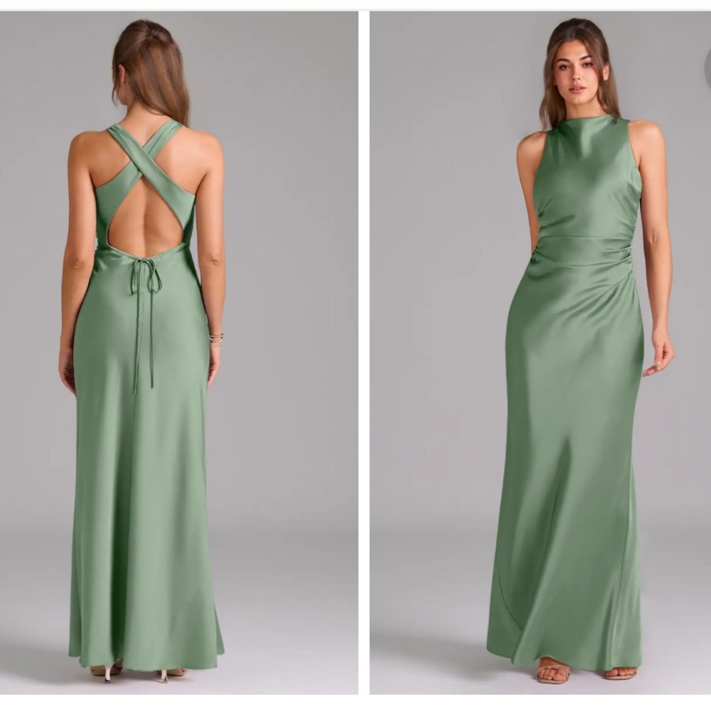 Azazie Evadne - Matcha Stretch Satin Green Maxi Bridesmaids Dress - Picture 2 of 6
